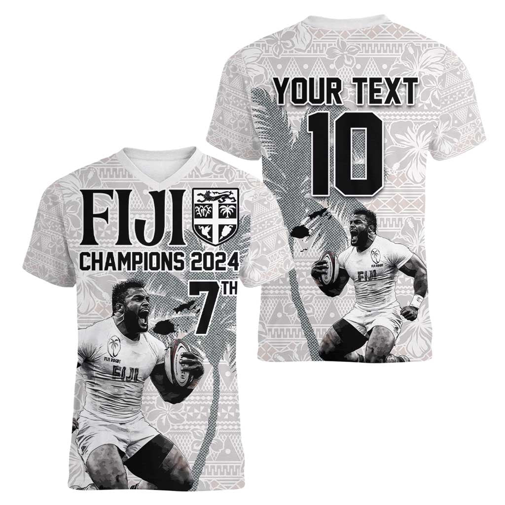 Custom Fiji Rugby Pacific Champions 2024 Women V-Neck T-Shirt Anniversary 7 Titles - Fijians Rugby and Tapa Hibiscus White Art LT03 - Polynesian Pride