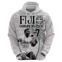 Custom Fiji Rugby Pacific Champions 2024 Zip Hoodie Anniversary 7 Titles - Fijians Rugby and Tapa Hibiscus White Art LT03 - Polynesian Pride
