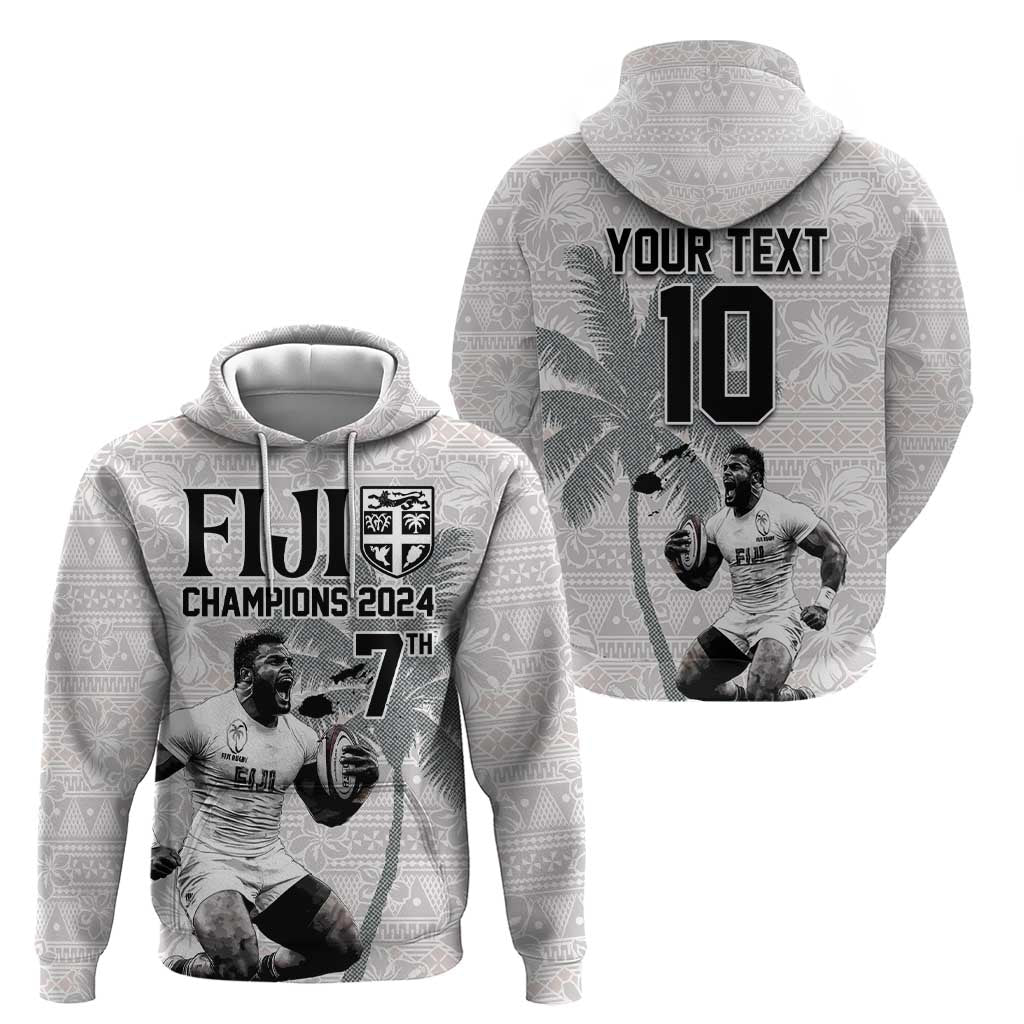 Custom Fiji Rugby Pacific Champions 2024 Zip Hoodie Anniversary 7 Titles - Fijians Rugby and Tapa Hibiscus White Art LT03 - Polynesian Pride