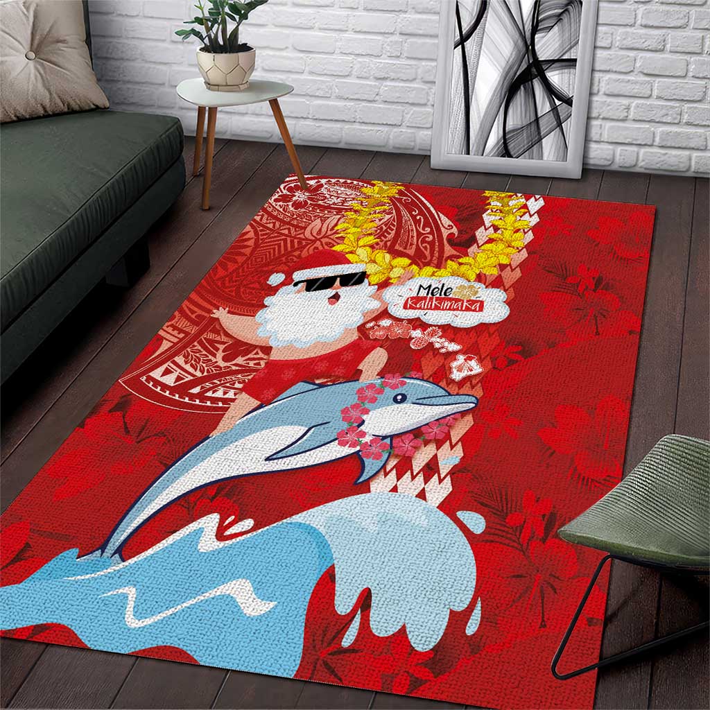 Hawaiian Mele Kalikimaka Area Rug Funny Santa Riding Lei Dolphin with Kakau Tattoos LT03 Red - Polynesian Pride