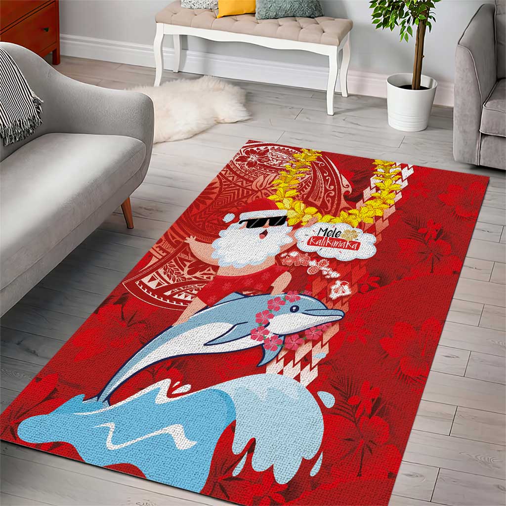 Hawaiian Mele Kalikimaka Area Rug Funny Santa Riding Lei Dolphin with Kakau Tattoos LT03 - Polynesian Pride