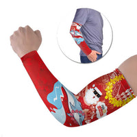Hawaiian Mele Kalikimaka Arm Sleeves Funny Santa Riding Lei Dolphin with Kakau Tattoos LT03 Set of 2 Red - Polynesian Pride