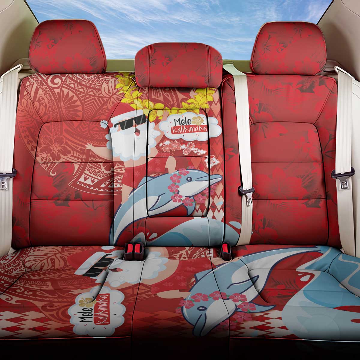 Hawaiian Mele Kalikimaka Back Car Seat Cover Funny Santa Riding Lei Dolphin with Kakau Tattoos LT03 One Size Red - Polynesian Pride