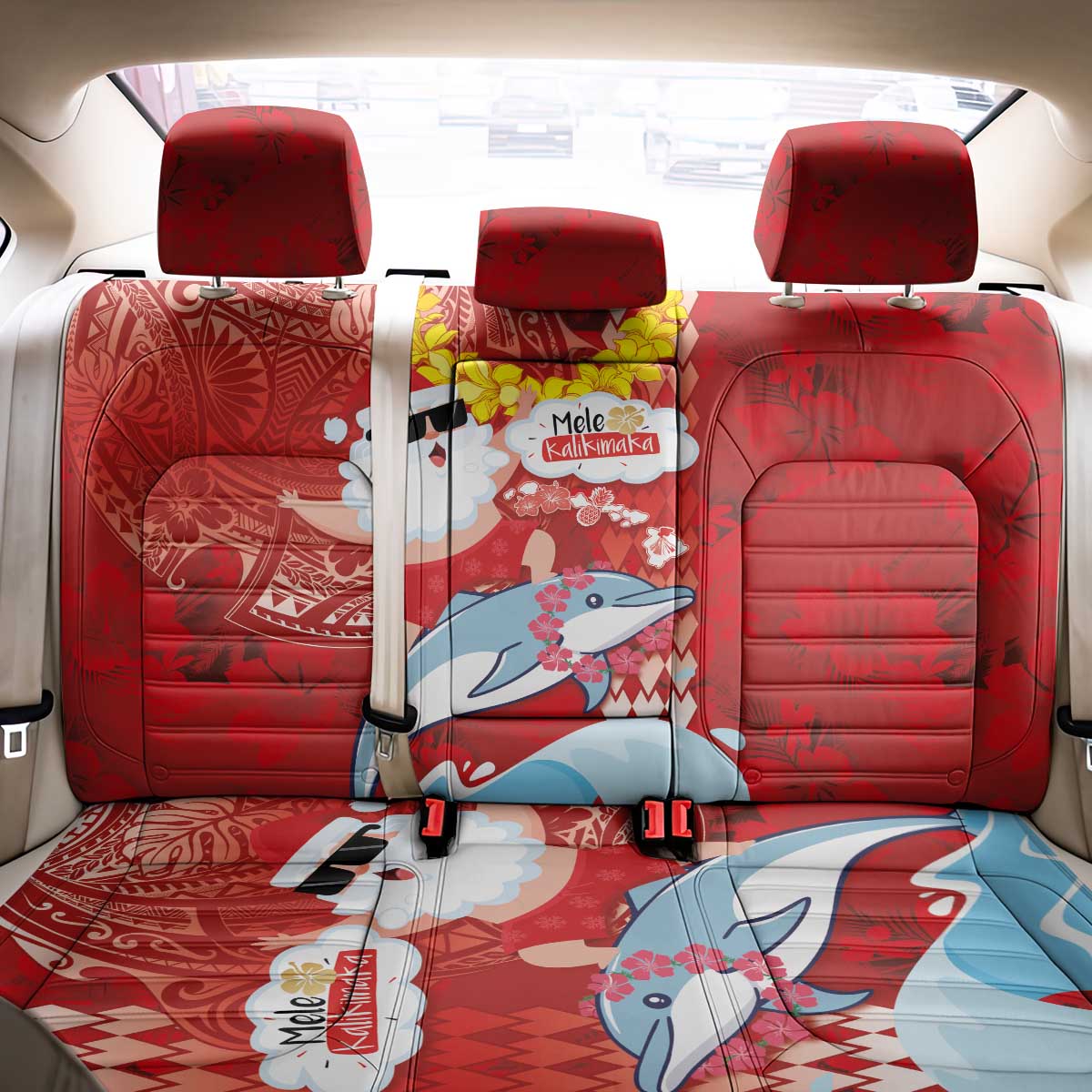 Hawaiian Mele Kalikimaka Back Car Seat Cover Funny Santa Riding Lei Dolphin with Kakau Tattoos LT03 - Polynesian Pride