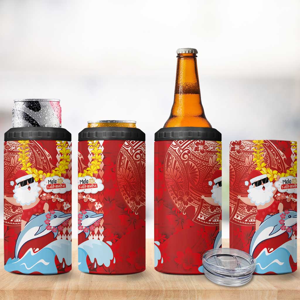Hawaiian Mele Kalikimaka 4 in 1 Can Cooler Tumbler Funny Santa Riding Lei Dolphin with Kakau Tattoos LT03 - Polynesian Pride