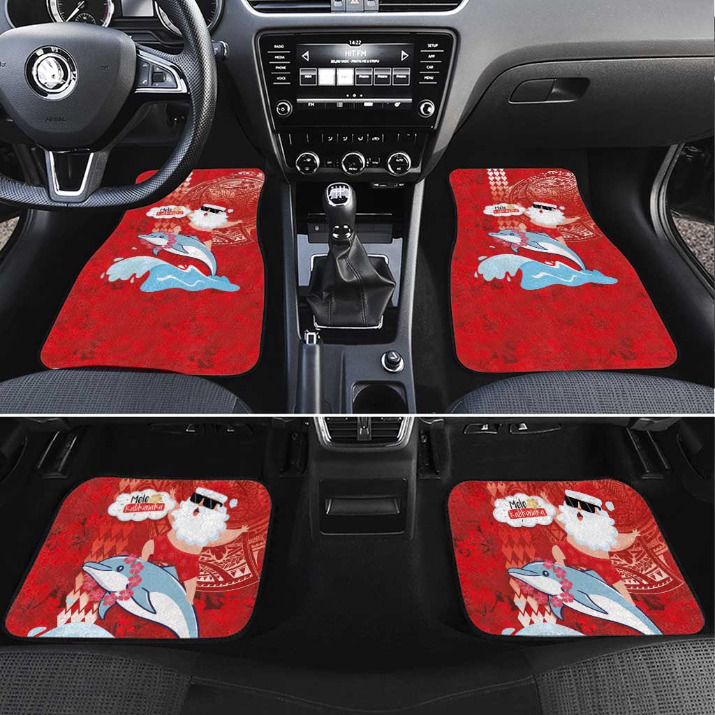 Hawaiian Mele Kalikimaka Car Mats Funny Santa Riding Lei Dolphin with Kakau Tattoos LT03 Set 4pcs Red - Polynesian Pride