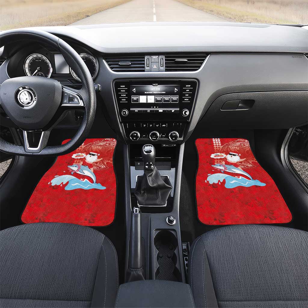Hawaiian Mele Kalikimaka Car Mats Funny Santa Riding Lei Dolphin with Kakau Tattoos LT03 Set 2pcs - Front Red - Polynesian Pride
