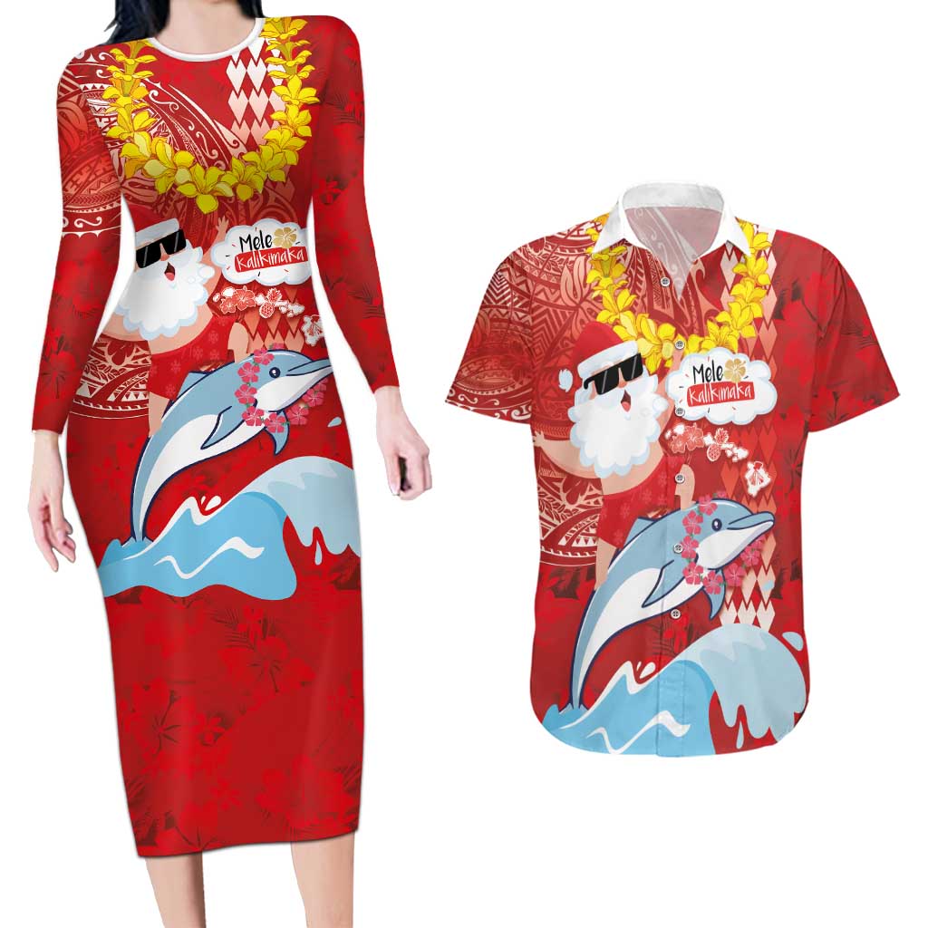Hawaiian Mele Kalikimaka Couples Matching Long Sleeve Bodycon Dress and Hawaiian Shirt Funny Santa Riding Lei Dolphin with Kakau Tattoos LT03 Red - Polynesian Pride