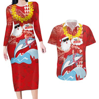 Hawaiian Mele Kalikimaka Couples Matching Long Sleeve Bodycon Dress and Hawaiian Shirt Funny Santa Riding Lei Dolphin with Kakau Tattoos LT03 Red - Polynesian Pride