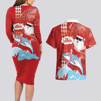 Hawaiian Mele Kalikimaka Couples Matching Long Sleeve Bodycon Dress and Hawaiian Shirt Funny Santa Riding Lei Dolphin with Kakau Tattoos LT03 - Polynesian Pride