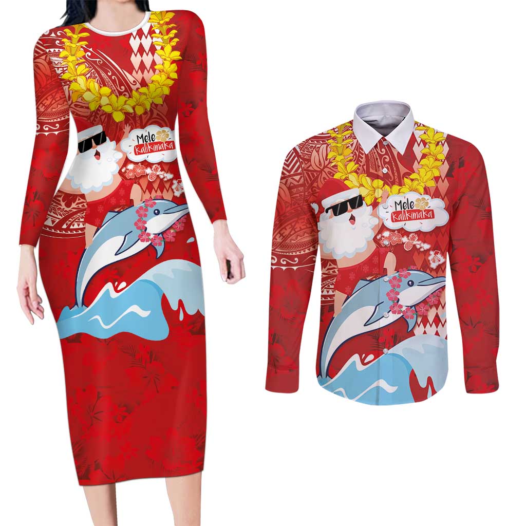 Hawaiian Mele Kalikimaka Couples Matching Long Sleeve Bodycon Dress and Long Sleeve Button Shirt Funny Santa Riding Lei Dolphin with Kakau Tattoos LT03 Red - Polynesian Pride