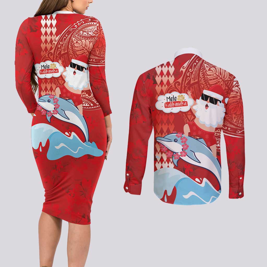 Hawaiian Mele Kalikimaka Couples Matching Long Sleeve Bodycon Dress and Long Sleeve Button Shirt Funny Santa Riding Lei Dolphin with Kakau Tattoos LT03 - Polynesian Pride