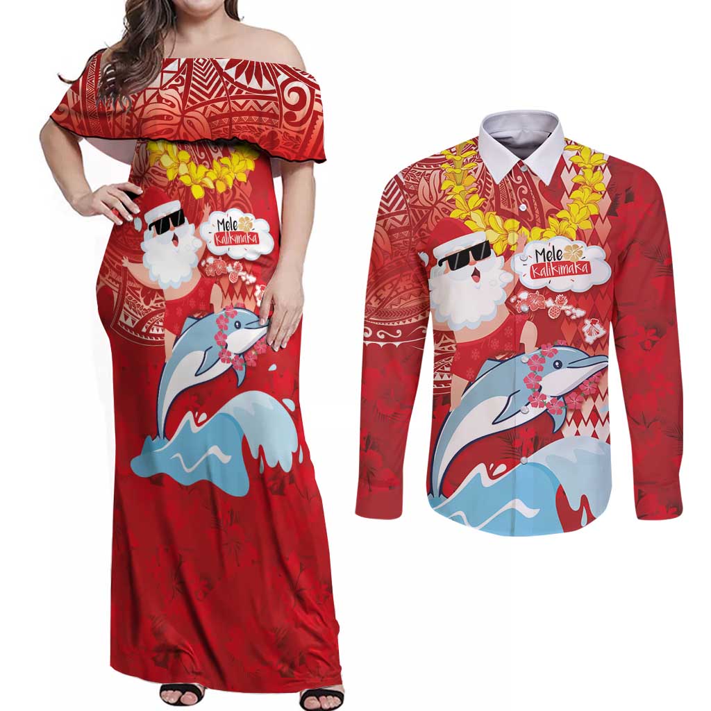 Hawaiian Mele Kalikimaka Couples Matching Off Shoulder Maxi Dress and Long Sleeve Button Shirt Funny Santa Riding Lei Dolphin with Kakau Tattoos LT03 Red - Polynesian Pride