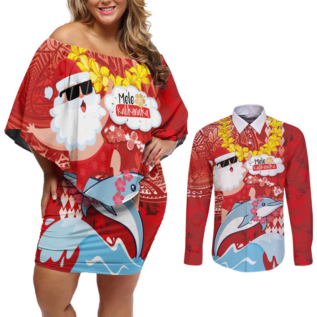 Hawaiian Mele Kalikimaka Couples Matching Off Shoulder Short Dress and Long Sleeve Button Shirt Funny Santa Riding Lei Dolphin with Kakau Tattoos LT03 Red - Polynesian Pride