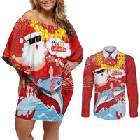 Hawaiian Mele Kalikimaka Couples Matching Off Shoulder Short Dress and Long Sleeve Button Shirt Funny Santa Riding Lei Dolphin with Kakau Tattoos LT03 Red - Polynesian Pride