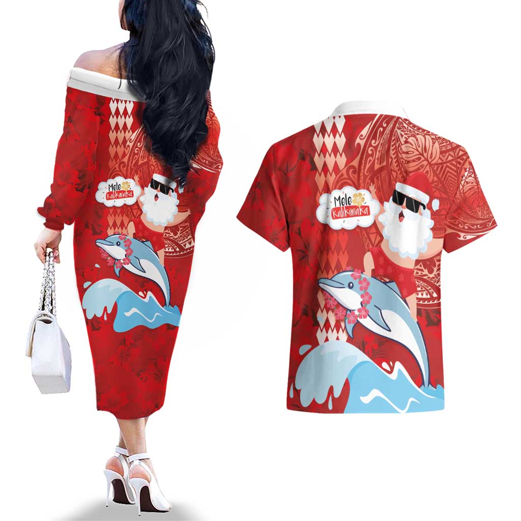 Hawaiian Mele Kalikimaka Couples Matching Off The Shoulder Long Sleeve Dress and Hawaiian Shirt Funny Santa Riding Lei Dolphin with Kakau Tattoos LT03 - Polynesian Pride