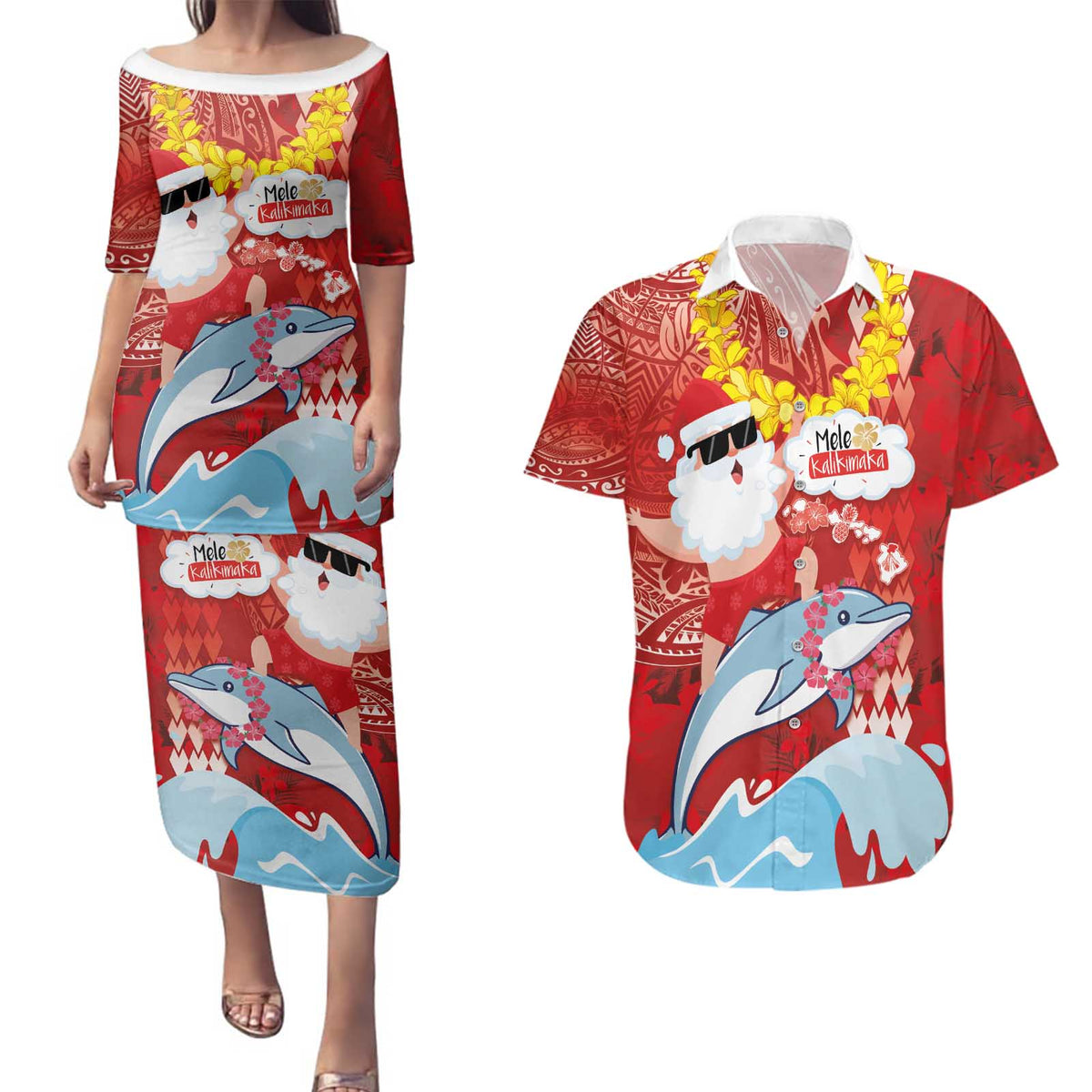 Hawaiian Mele Kalikimaka Couples Matching Puletasi and Hawaiian Shirt Funny Santa Riding Lei Dolphin with Kakau Tattoos LT03 Red - Polynesian Pride
