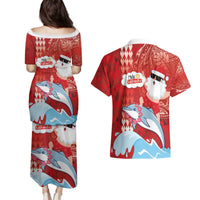 Hawaiian Mele Kalikimaka Couples Matching Puletasi and Hawaiian Shirt Funny Santa Riding Lei Dolphin with Kakau Tattoos LT03 - Polynesian Pride