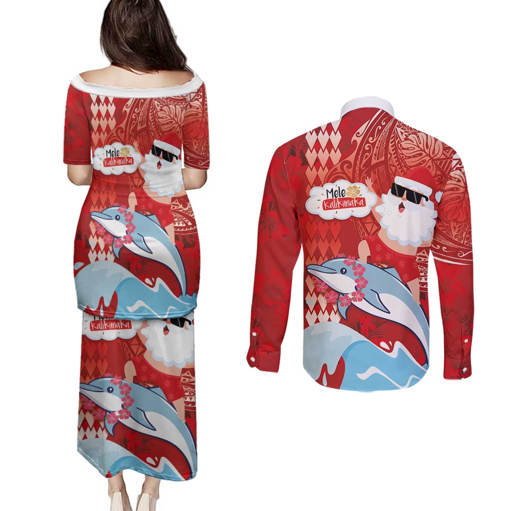 Hawaiian Mele Kalikimaka Couples Matching Puletasi and Long Sleeve Button Shirt Funny Santa Riding Lei Dolphin with Kakau Tattoos LT03 - Polynesian Pride