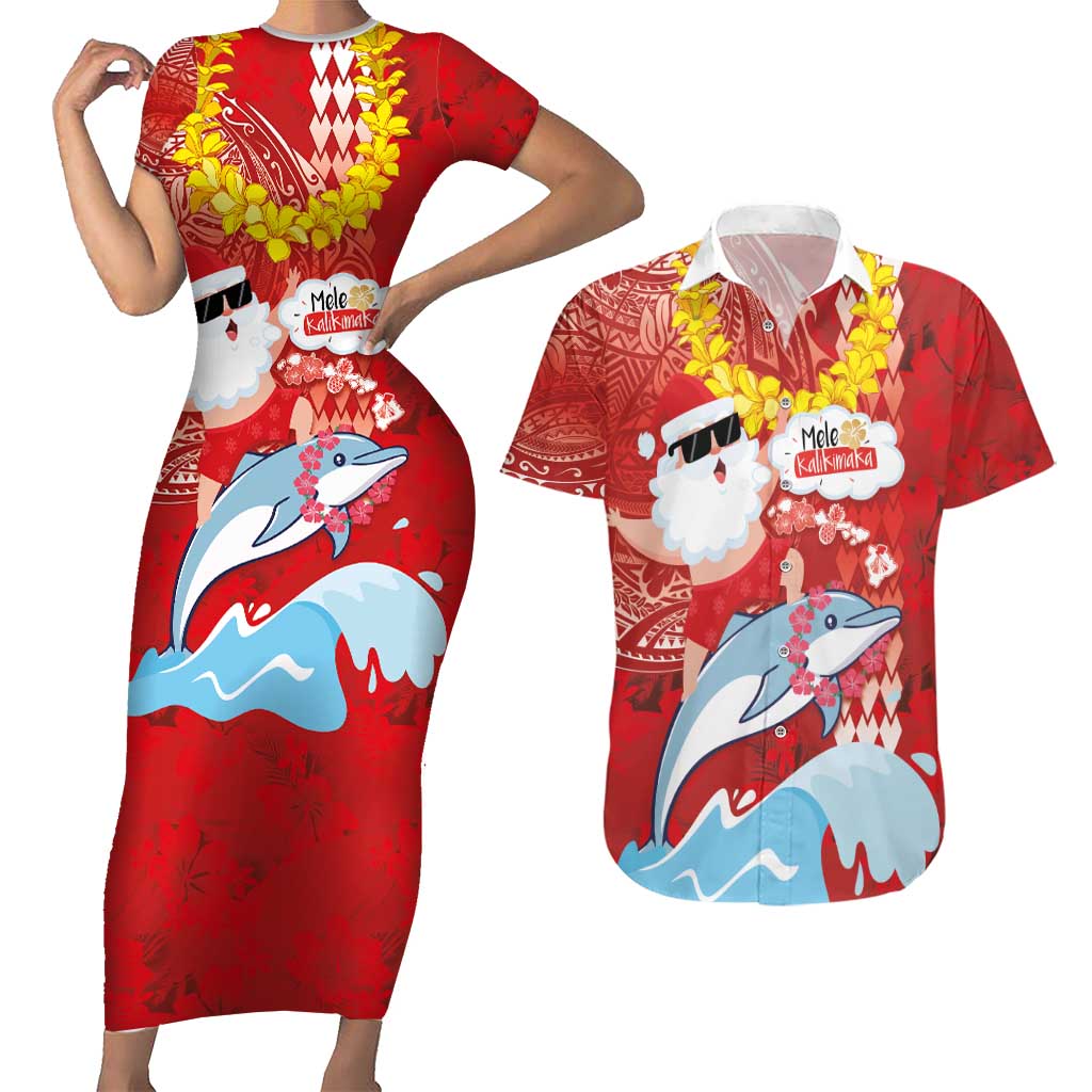 Hawaiian Mele Kalikimaka Couples Matching Short Sleeve Bodycon Dress and Hawaiian Shirt Funny Santa Riding Lei Dolphin with Kakau Tattoos LT03 Red - Polynesian Pride