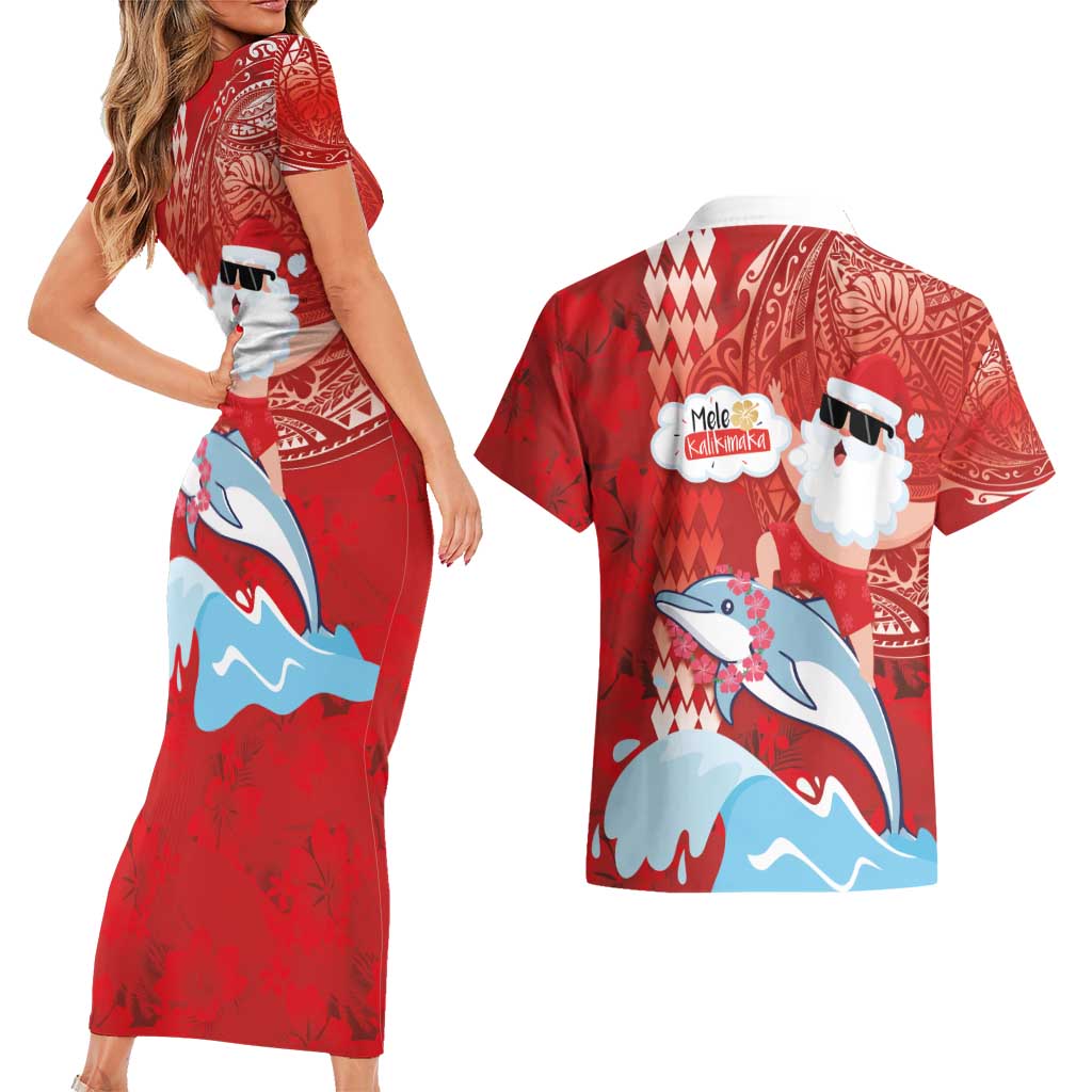 Hawaiian Mele Kalikimaka Couples Matching Short Sleeve Bodycon Dress and Hawaiian Shirt Funny Santa Riding Lei Dolphin with Kakau Tattoos LT03 - Polynesian Pride