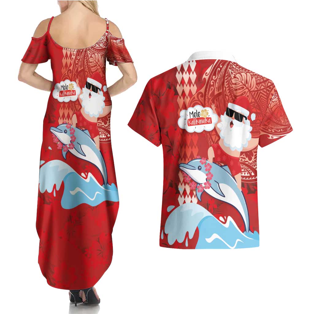 Hawaiian Mele Kalikimaka Couples Matching Summer Maxi Dress and Hawaiian Shirt Funny Santa Riding Lei Dolphin with Kakau Tattoos LT03 - Polynesian Pride