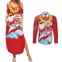 Hawaiian Mele Kalikimaka Couples Matching Summer Maxi Dress and Long Sleeve Button Shirt Funny Santa Riding Lei Dolphin with Kakau Tattoos LT03 Red - Polynesian Pride
