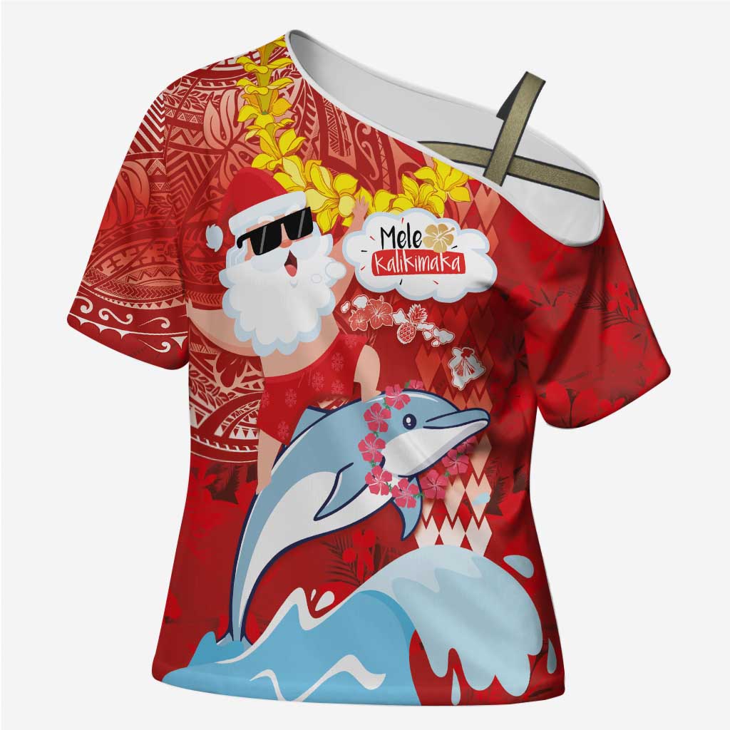 Hawaiian Mele Kalikimaka Cross Shoulder Shirt Funny Santa Riding Lei Dolphin with Kakau Tattoos LT03 Female Red - Polynesian Pride