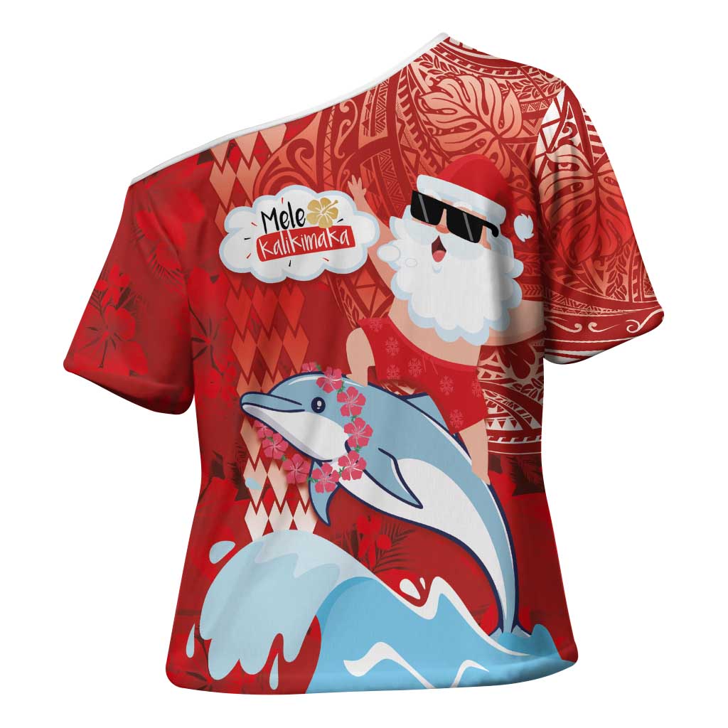 Hawaiian Mele Kalikimaka Cross Shoulder Shirt Funny Santa Riding Lei Dolphin with Kakau Tattoos LT03 - Polynesian Pride