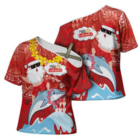 Hawaiian Mele Kalikimaka Cross Shoulder Shirt Funny Santa Riding Lei Dolphin with Kakau Tattoos LT03 - Polynesian Pride
