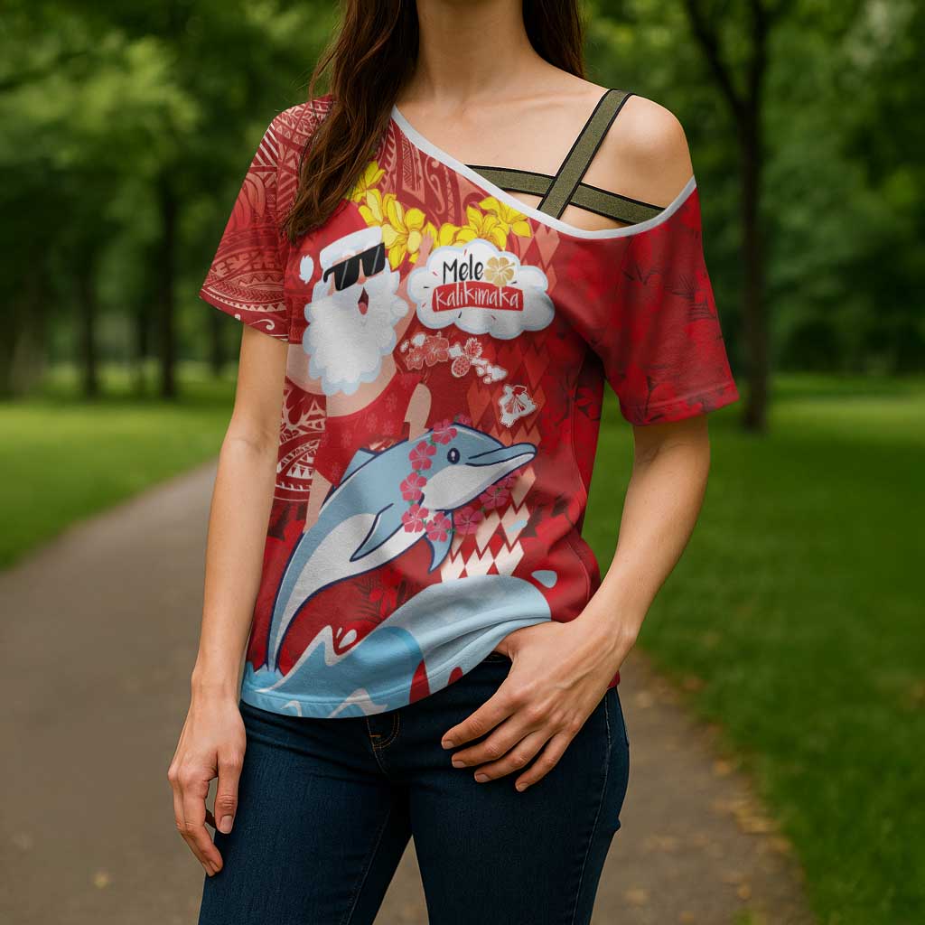 Hawaiian Mele Kalikimaka Cross Shoulder Shirt Funny Santa Riding Lei Dolphin with Kakau Tattoos LT03 - Polynesian Pride