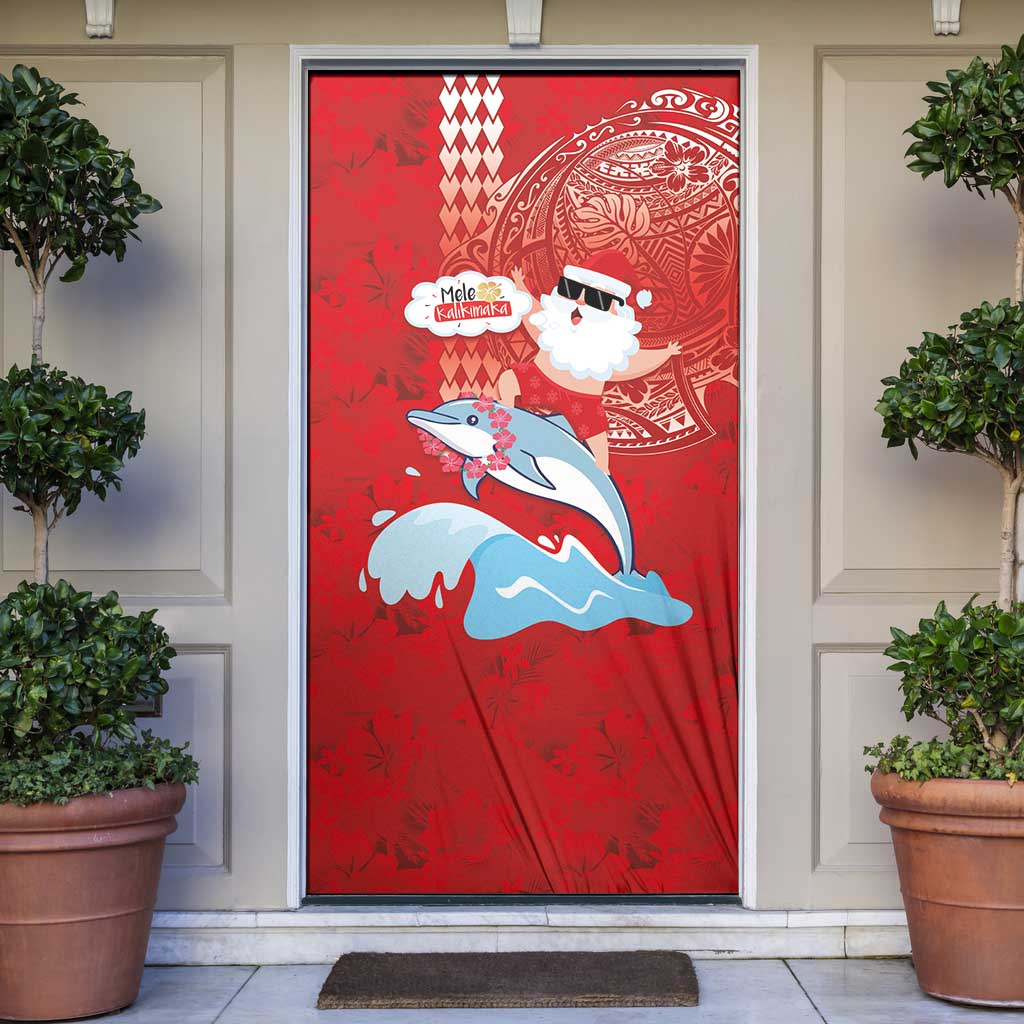 Hawaiian Mele Kalikimaka Door Cover Funny Santa Riding Lei Dolphin with Kakau Tattoos LT03 Red - Polynesian Pride