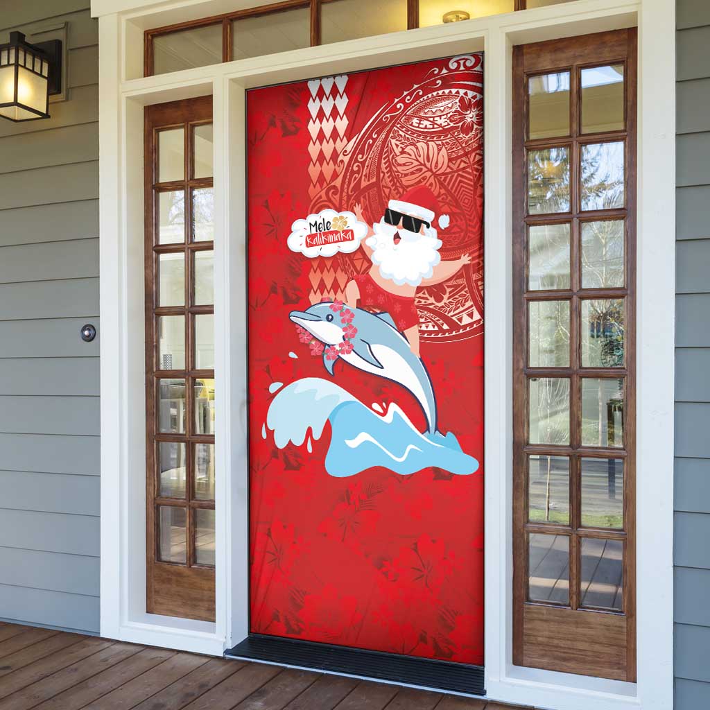 Hawaiian Mele Kalikimaka Door Cover Funny Santa Riding Lei Dolphin with Kakau Tattoos LT03 - Polynesian Pride