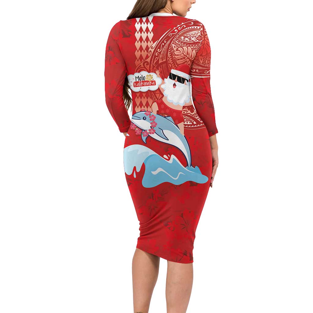 Hawaiian Mele Kalikimaka Family Matching Long Sleeve Bodycon Dress and Hawaiian Shirt Funny Santa Riding Lei Dolphin with Kakau Tattoos LT03 - Polynesian Pride