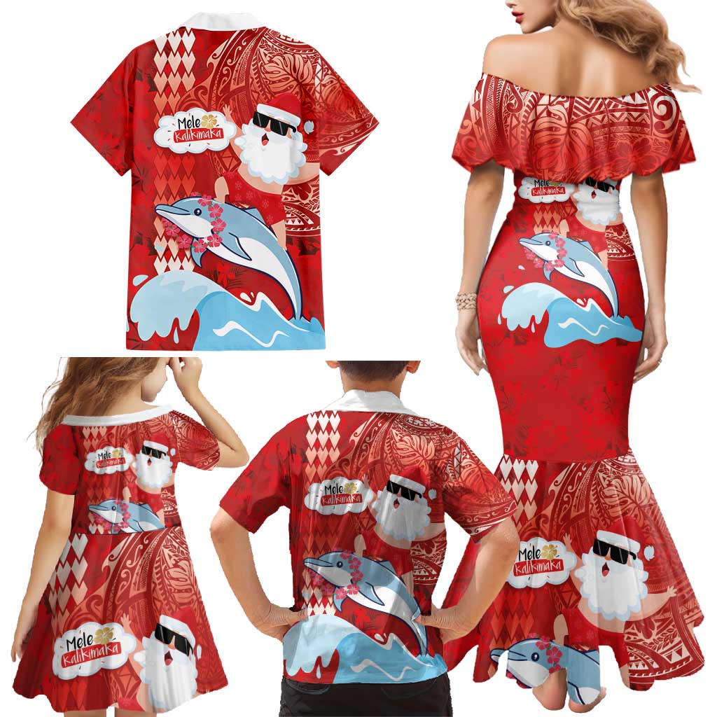 Hawaiian Mele Kalikimaka Family Matching Mermaid Dress and Hawaiian Shirt Funny Santa Riding Lei Dolphin with Kakau Tattoos LT03 - Polynesian Pride