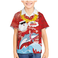 Hawaiian Mele Kalikimaka Family Matching Mermaid Dress and Hawaiian Shirt Funny Santa Riding Lei Dolphin with Kakau Tattoos LT03 Son's Shirt Red - Polynesian Pride