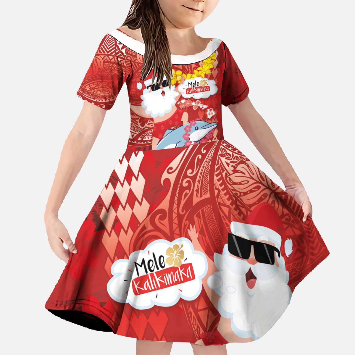 Hawaiian Mele Kalikimaka Family Matching Off The Shoulder Long Sleeve Dress and Hawaiian Shirt Funny Santa Riding Lei Dolphin with Kakau Tattoos LT03 Daughter's Dress Red - Polynesian Pride