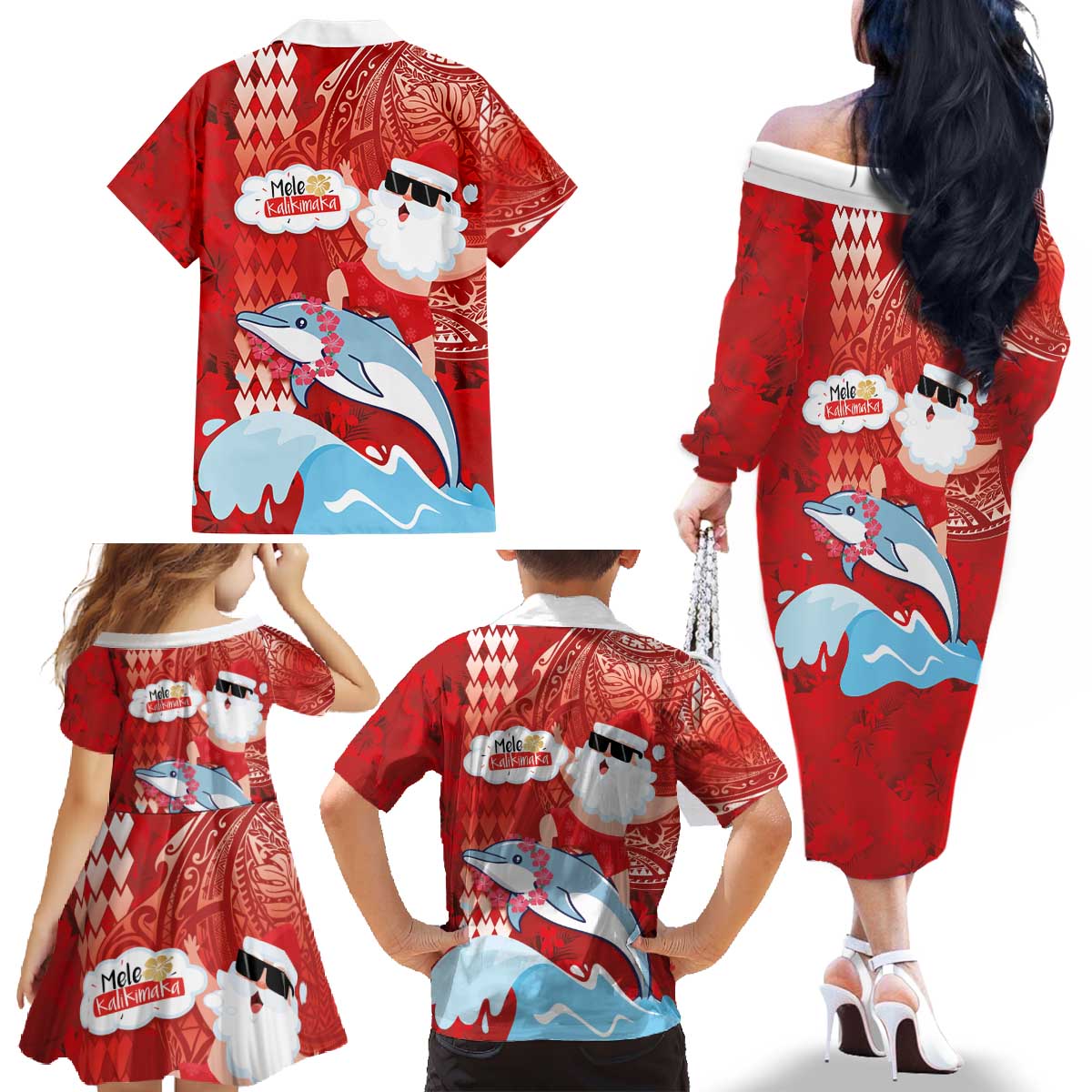 Hawaiian Mele Kalikimaka Family Matching Off The Shoulder Long Sleeve Dress and Hawaiian Shirt Funny Santa Riding Lei Dolphin with Kakau Tattoos LT03 - Polynesian Pride