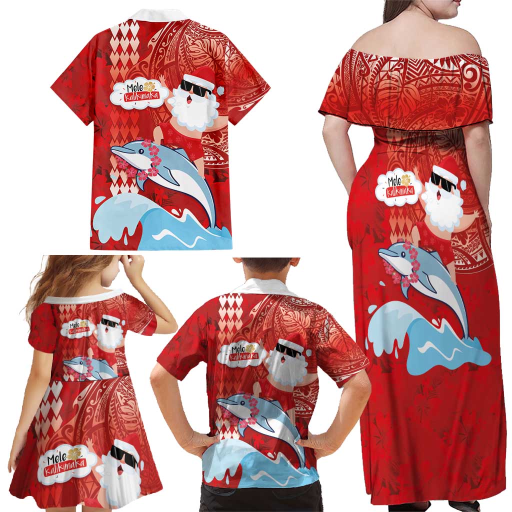 Hawaiian Mele Kalikimaka Family Matching Off Shoulder Maxi Dress and Hawaiian Shirt Funny Santa Riding Lei Dolphin with Kakau Tattoos LT03 - Polynesian Pride