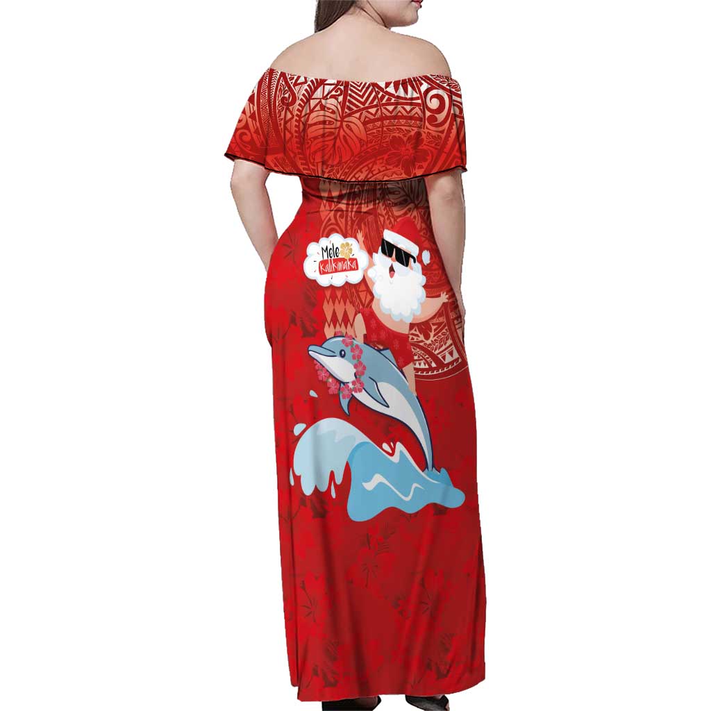 Hawaiian Mele Kalikimaka Family Matching Off Shoulder Maxi Dress and Hawaiian Shirt Funny Santa Riding Lei Dolphin with Kakau Tattoos LT03 - Polynesian Pride