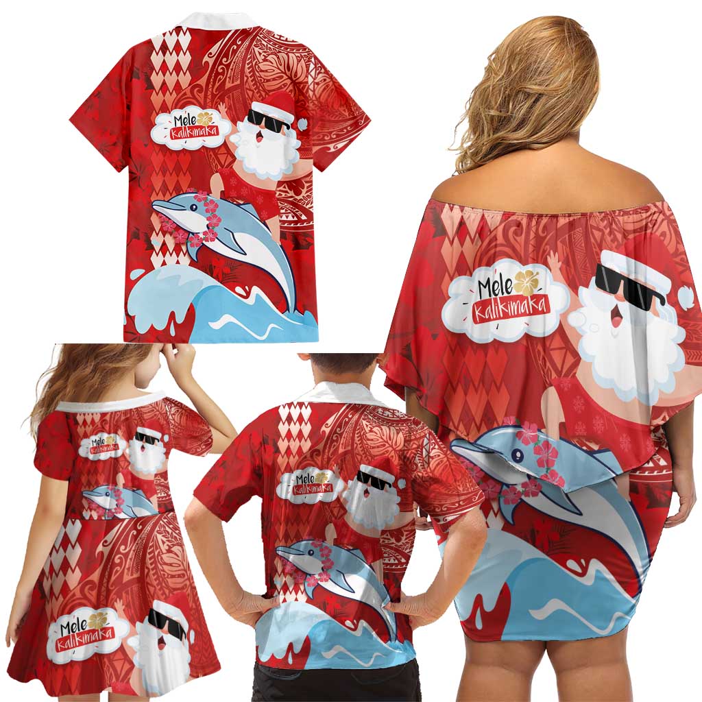 Hawaiian Mele Kalikimaka Family Matching Off Shoulder Short Dress and Hawaiian Shirt Funny Santa Riding Lei Dolphin with Kakau Tattoos LT03 - Polynesian Pride