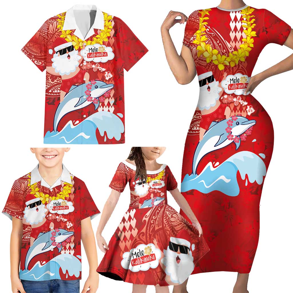 Hawaiian Mele Kalikimaka Family Matching Short Sleeve Bodycon Dress and Hawaiian Shirt Funny Santa Riding Lei Dolphin with Kakau Tattoos LT03 - Polynesian Pride