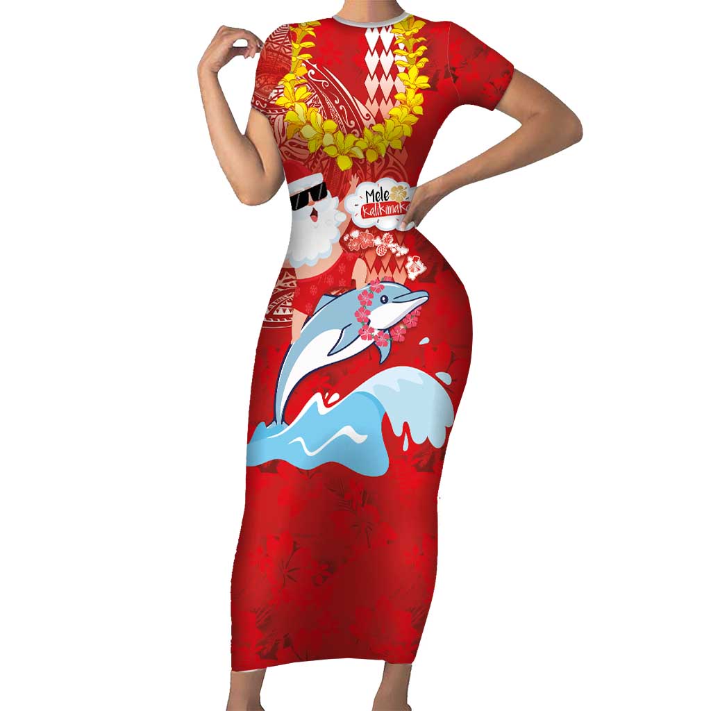 Hawaiian Mele Kalikimaka Family Matching Short Sleeve Bodycon Dress and Hawaiian Shirt Funny Santa Riding Lei Dolphin with Kakau Tattoos LT03 Mom's Dress Red - Polynesian Pride