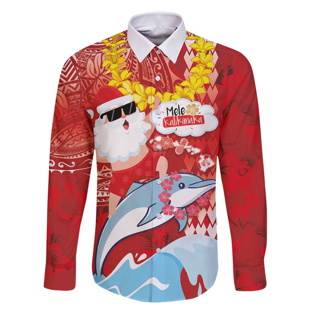 Hawaiian Mele Kalikimaka Family Matching Summer Maxi Dress and Hawaiian Shirt Funny Santa Riding Lei Dolphin with Kakau Tattoos LT03 Dad's Shirt - Long Sleeve Red - Polynesian Pride