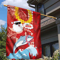 Hawaiian Mele Kalikimaka Garden Flag Funny Santa Riding Lei Dolphin with Kakau Tattoos LT03 - Polynesian Pride