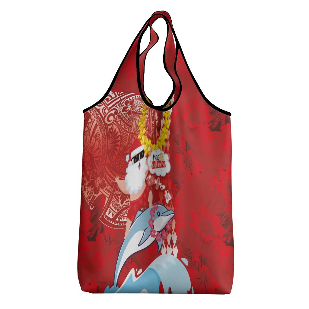 Hawaiian Mele Kalikimaka Grocery Bag Funny Santa Riding Lei Dolphin with Kakau Tattoos LT03 - Polynesian Pride