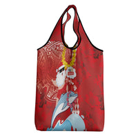 Hawaiian Mele Kalikimaka Grocery Bag Funny Santa Riding Lei Dolphin with Kakau Tattoos LT03 - Polynesian Pride