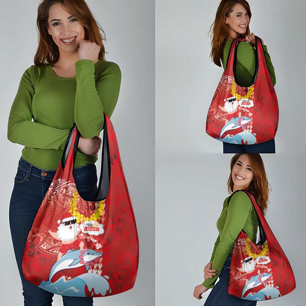Hawaiian Mele Kalikimaka Grocery Bag Funny Santa Riding Lei Dolphin with Kakau Tattoos LT03 - Polynesian Pride