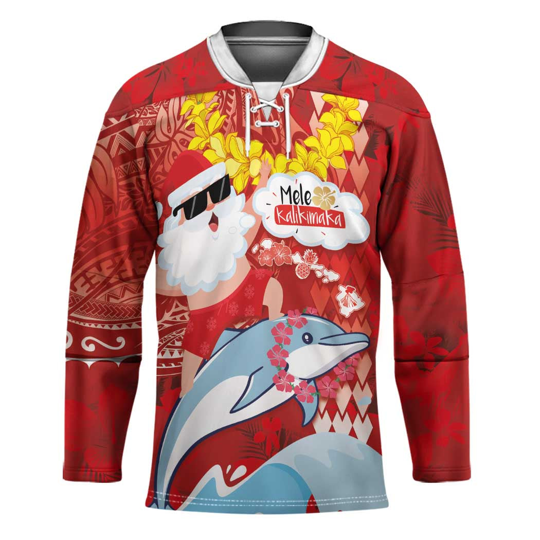 Hawaiian Mele Kalikimaka Hockey Jersey Funny Santa Riding Lei Dolphin with Kakau Tattoos LT03 Unisex Red - Polynesian Pride
