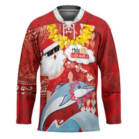 Hawaiian Mele Kalikimaka Hockey Jersey Funny Santa Riding Lei Dolphin with Kakau Tattoos LT03 Unisex Red - Polynesian Pride